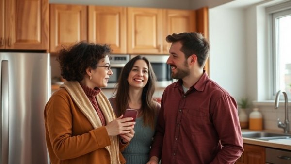 Couple conversing in kitchen, natural setting, family eye care appointments context