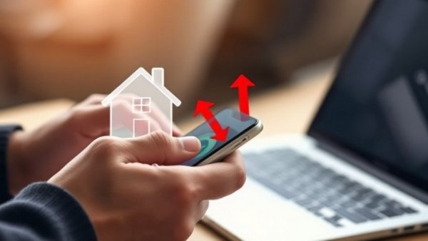 Hands using smartphone with declining mortgage rate icon.