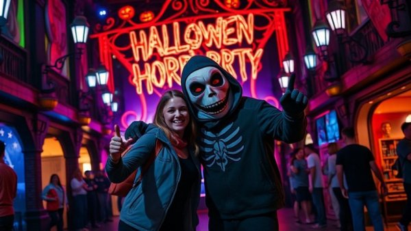 Halloween Horror Nights RIP Tour with characters and decorations.