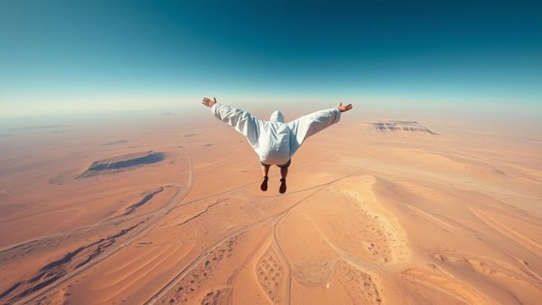 Oldest person in wingsuit flying over desert landscape.