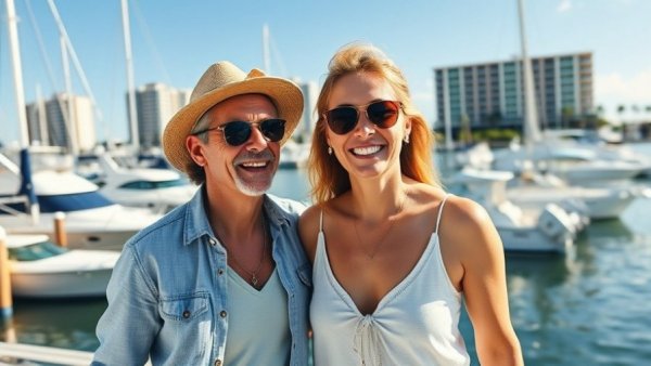 Breakfast by Boat in Cape Coral, couple by marina with boats and buildings.