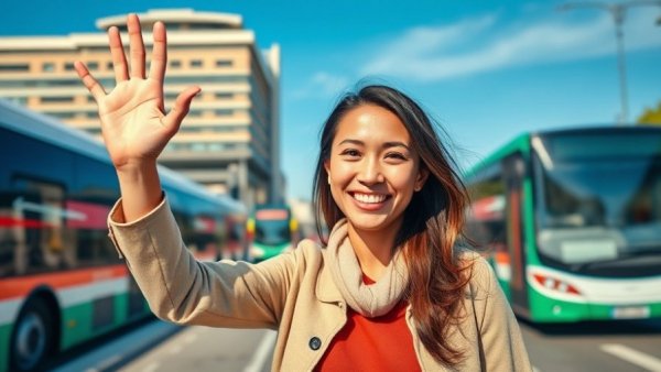 Public speaking insights: woman smiling and waving at bus station