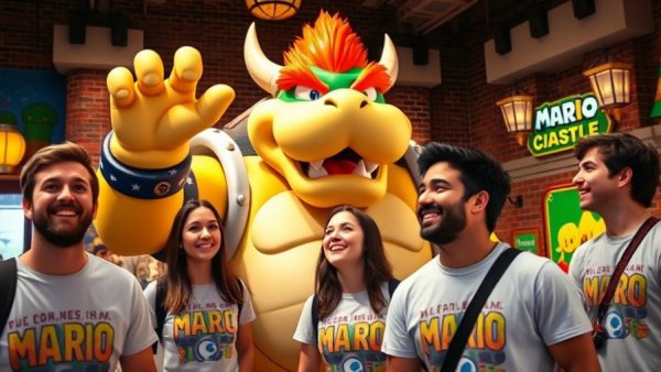 Mario Kart Bowser’s Challenge: Visitors captivated by Bowser statue.