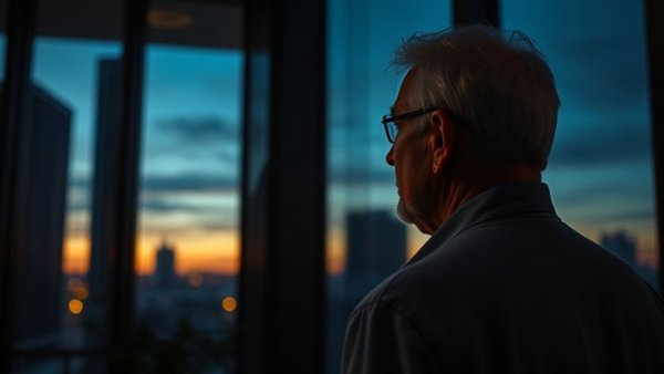 Man witnessing the greatest sunset I've ever seen through large windows