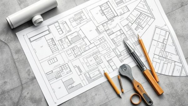 Architectural plans and tools on gray surface, using floor plans when shopping for a home.