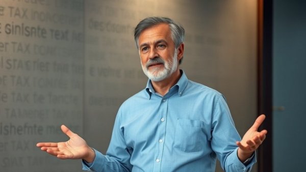 Middle-aged man discusses high state taxes in indoor setting.