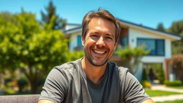 Finance a BRRRR deal concept with modern house and smiling man.