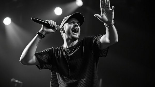 Energetic performer with mesh shirt and cap on stage.