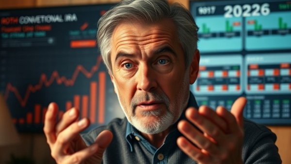 Mature man explaining Roth conversion strategy 2026 with financial graphics.