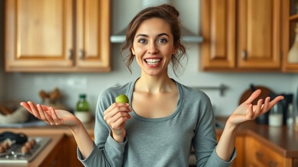 Woman in a kitchen holding a snack with an animated expression.