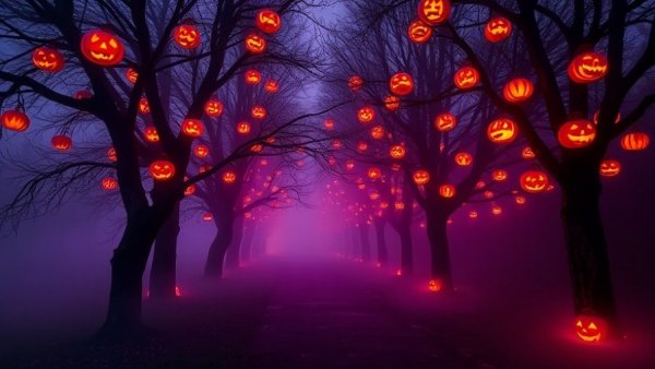 Haunting scene at Halloween Horror Nights with pumpkin lanterns.