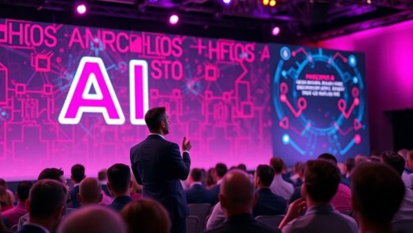 Tech conference speaker discussing AI adoption in business.