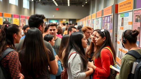 Diverse group engaging at Brooklyn Charter Schools Fair booth.
