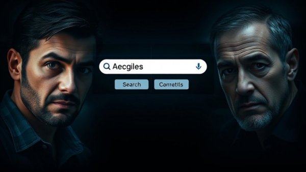 Conceptual image on Google privacy issues 2026 with search bar and two men.