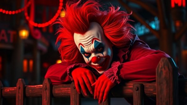 Halloween Horror Nights 2026 scare zones: eerie clown in red lighting.