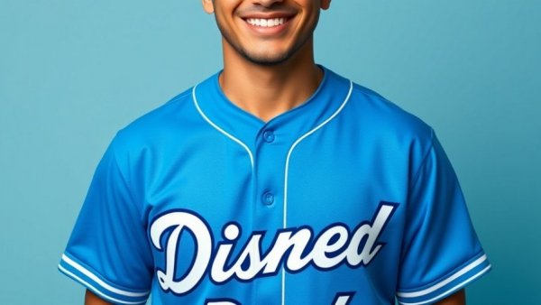 Person in blue Disney baseball jersey with Donald Duck design.