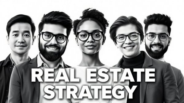 Monochrome image of three people with real estate strategy text.