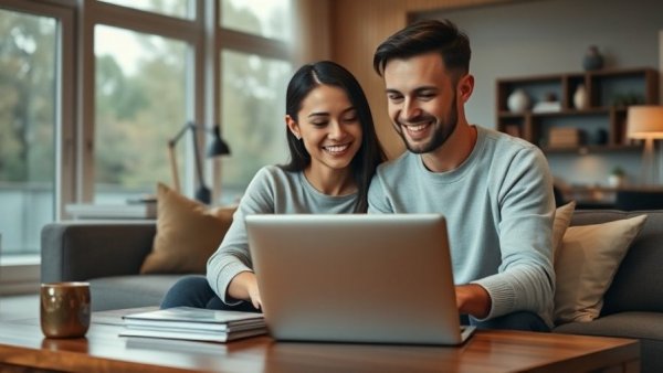Young couple planning to buy a house without a real estate agent, using laptop.
