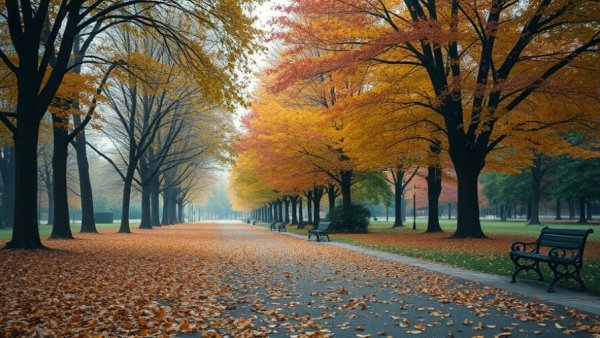 Tranquil autumn park with vibrant foliage, embodying positivity.
