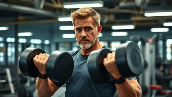 CEO facing leadership challenges, lifting dumbbells in gym