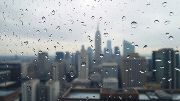 Rain-covered window with blurred skyline of one of the rainiest cities in the U.S.