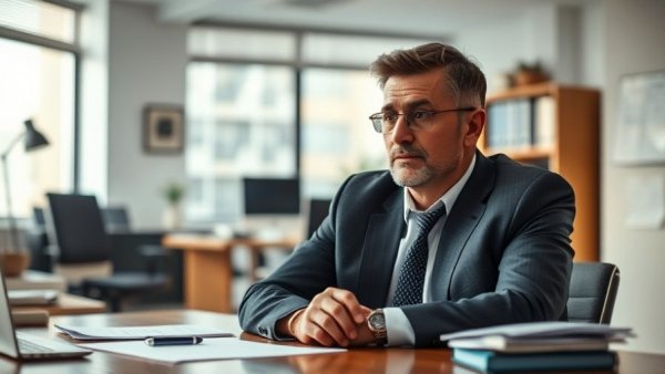 Businessman discussing cost of winning insights in modern office.