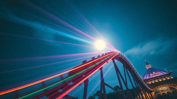 Futuristic roller coaster at Universal Nights, vibrant motion trails