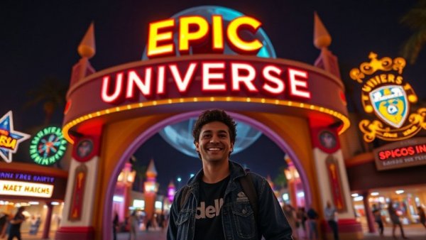 Excited visitor at Epic Universe entrance during Universal Nights event.