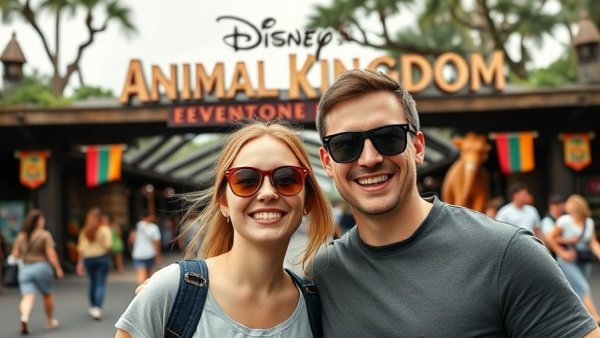 Happy couple at Disney's Animal Kingdom entrance.