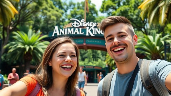 Couple at Disney's Animal Kingdom entrance, enjoying attractions.