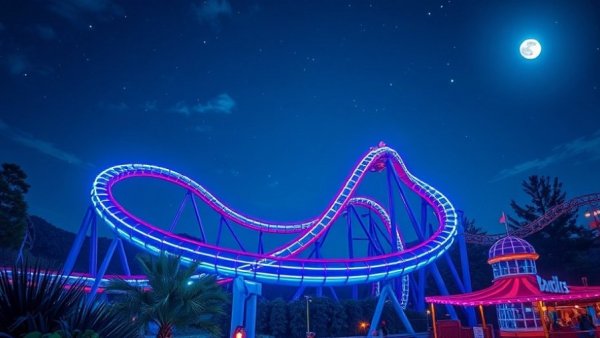 Universal Nights roller coaster at Universal Epic Universe under a starry sky.