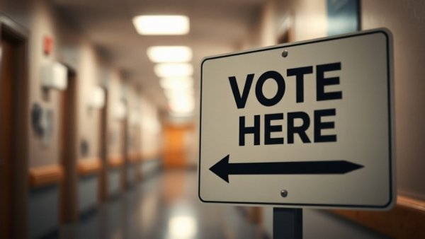 Vote Here sign in a hallway, guiding to polling station.