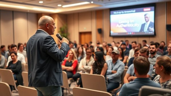 Speaker emphasizes importance of authenticity in real estate marketing to a large audience.