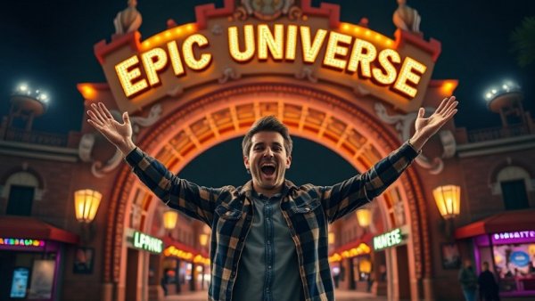 Excited man at Epic Universe entrance during Universal Nights event.