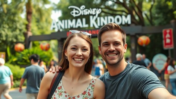 Joyful couple at Disney's Animal Kingdom entrance