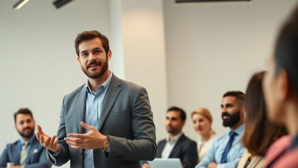 Confident presenter discussing investment safety and location planning in a modern conference room.