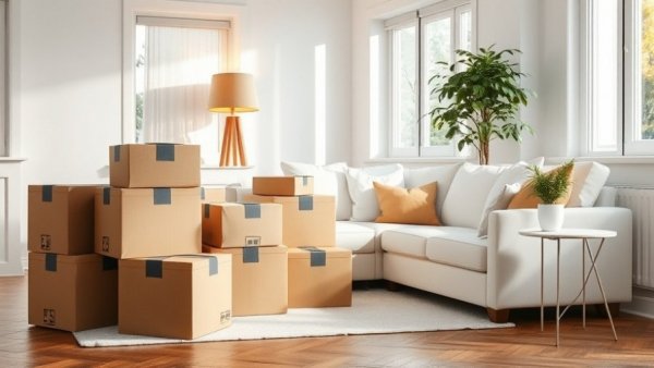 Micro-Moving cardboard boxes in a cozy living room.