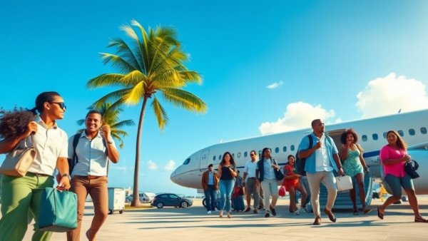 Travelers exit plane at Caribbean airport, Flying to the Caribbean.