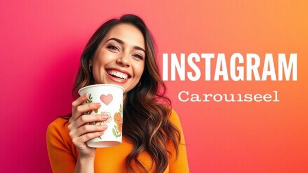 Instagram carousel cropping solution, vibrant design with woman holding cup.