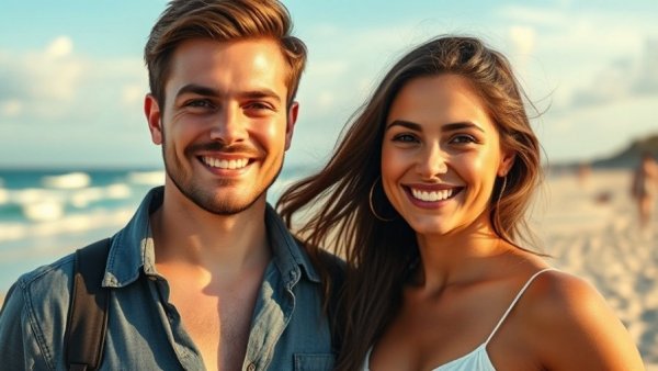 Smiling young couple in front of beach with real estate text overlay.