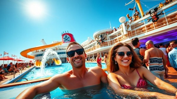Man and couple enjoy pool and party on Disney Wish Cruise.