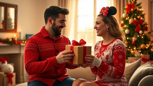 Couple in Disney holiday merchandise exchanging gifts in a festive room.