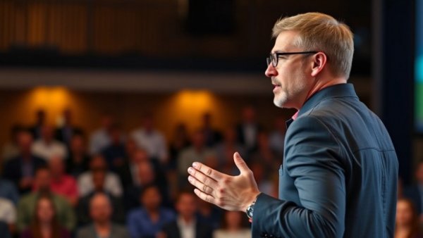 Speaker conveys transformative power of commitment on stage.