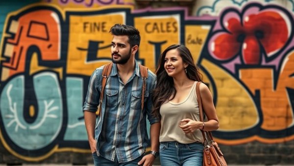 Young couple walks by vibrant Cuban graffiti mural on city street.