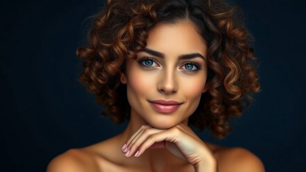 Charming woman in pink sweater, serene pose, dark background