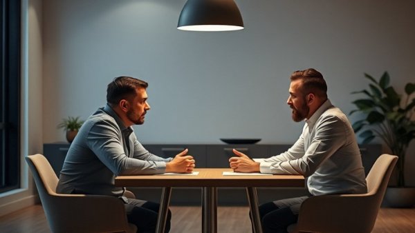 Two men discussing total control in communities with soft lighting.