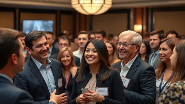 Professionals networking at real estate event, vibrant atmosphere