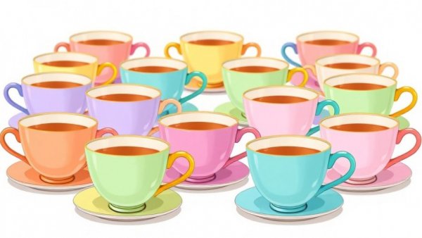 Vibrant cartoon teacups in pastel colors lined up, Teacup Confessions Disney Parks.