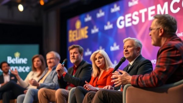 Panelists discuss a topic on stage with a vibrant backdrop.
