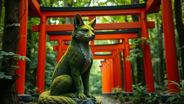 Fox statue in Japanese forest with torii gates, Western Japan